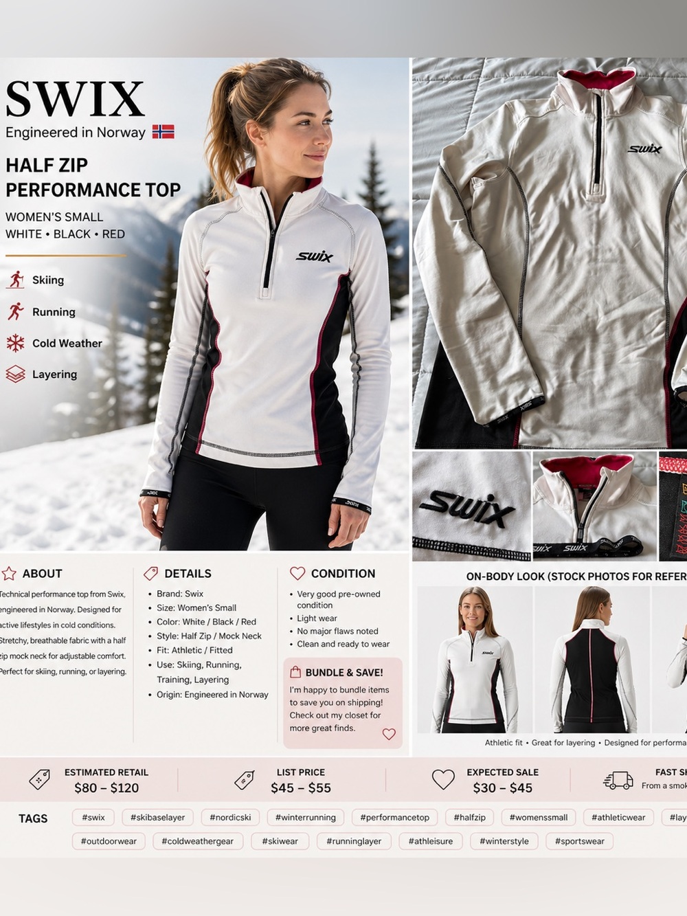 Swix Half Zip Performance Top | Women’s Small | White Black Red | Ski Base Layer